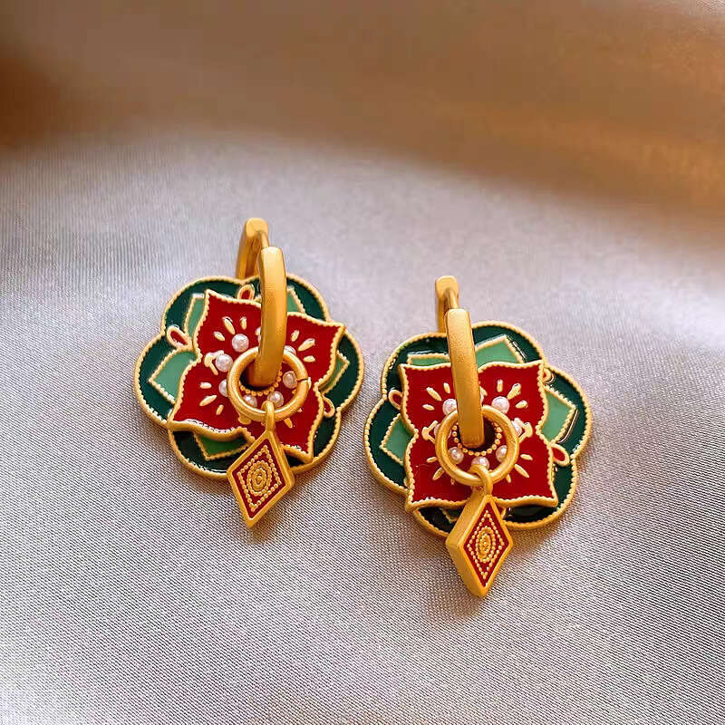 DHcollections Chinese Style Enamel Earrings - Adjustable Vintage Dangle Earrings with Lucky Motifs | New Asian Fashion Boho Ethnic Jewelry