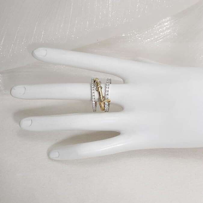 Designer Stainless Steel Interlocking Full Diamond Zircon Three-Ring Ring Two-Tone Multi-Element New Style