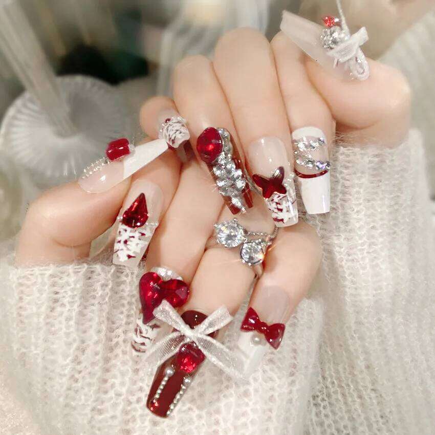 24Pcs Lace Bow Press-on Valentine's Day Dia Pearl Red Heart False Nails New Al Wear Nail for Women and Girls X250704