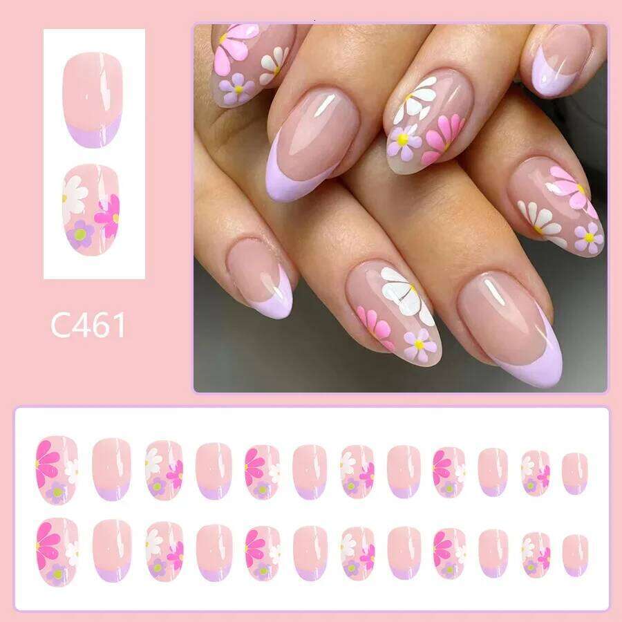 24Pcs Short Al Press-On Pink Floral French Tip Glossy&Elegant Full Cover Fake Nails for Women&Girls Spring,Daily Wear X250704