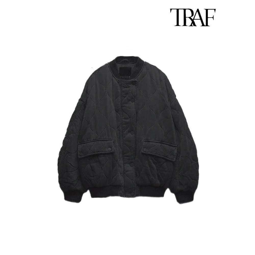 TRAF Women's Fashion Round Collar Single Breasted Long Sleeve Aviator Solid Color Quilted Commuter Warm Casual Jacket 250704
