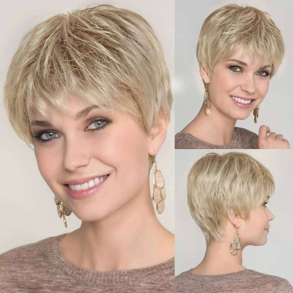 Short Pixie Cut Ash for Women with Bangs Blonde Natural Layered Blend Hair Kanekalon Human Hairs Like Texture Wigs