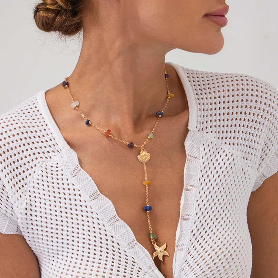 Ingemark Fashion Colourful Stone Starfish Conch Pendant Necklace Women Bohemia Long Tassel Chain Summer Beach Y2K Party Jewelry 250701