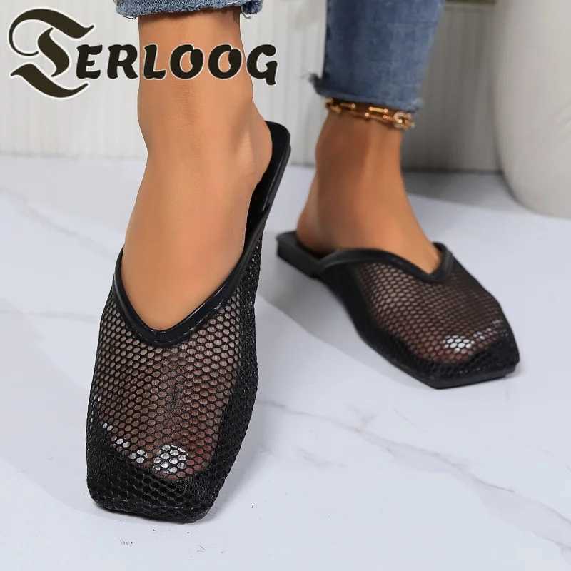 2025 Summer Flats Mules Women Slippers Mesh Sandals New Square Toe Slingback Shoes Fashion Beach Walking Flip Flops Women Slides W250704