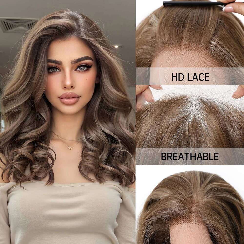 EASIHAIR Medium Length Brown Highlight Synthetic for Women 13*6 Lace Frontal Hair Natural Hairline Curly Wavy Wigs