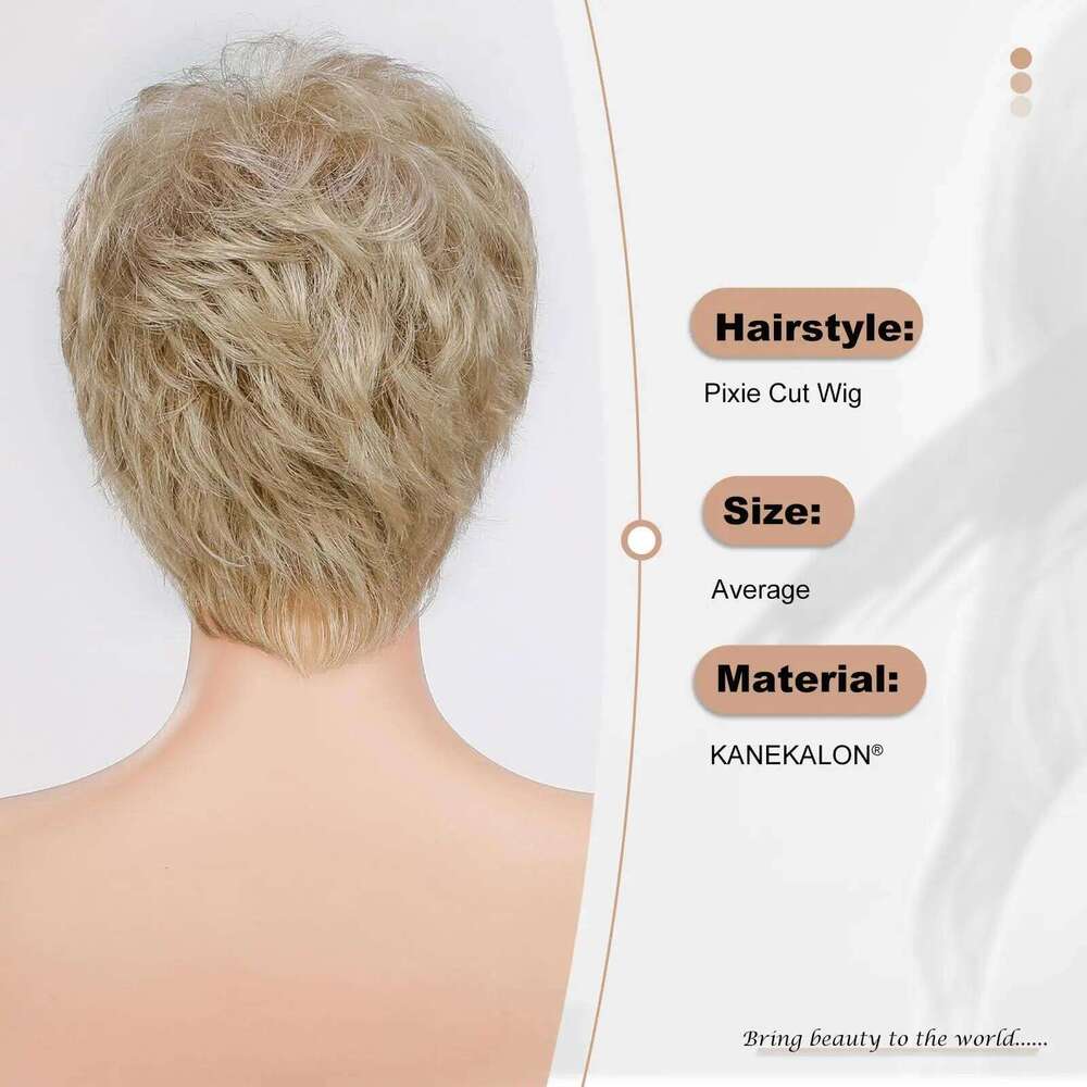 Short Pixie Cut Ash for Women with Bangs Blonde Natural Layered Blend Hair Kanekalon Human Hairs Like Texture Wigs