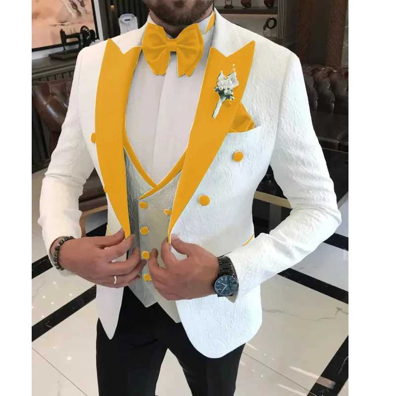 2024 Men Wedding Suits Formal White Jacquard Men Suit Set Slim Fit Groom Tuxedos Groomsman Blazer Suits For Men 3 Piece X250704