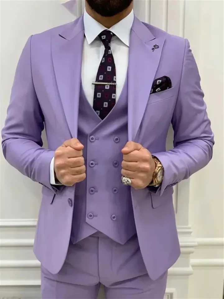 3 Piece Light Purple Mens Suits Elegant Full Set Single Breasted Peaked Lapel Formal Outerwear (Jacket+Pants+Vest) Costume X250704