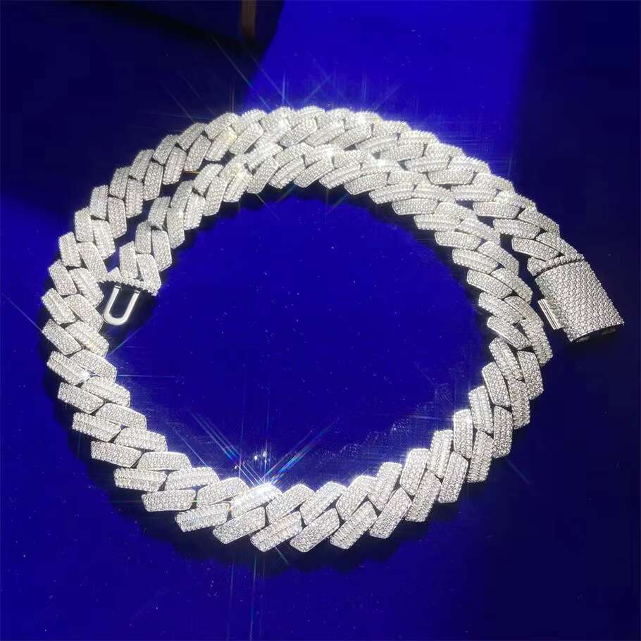 10MM Cuban Link Sterling Silver Gold Moissanite Baguette Custom Carved Cuban Link Chain Necklace