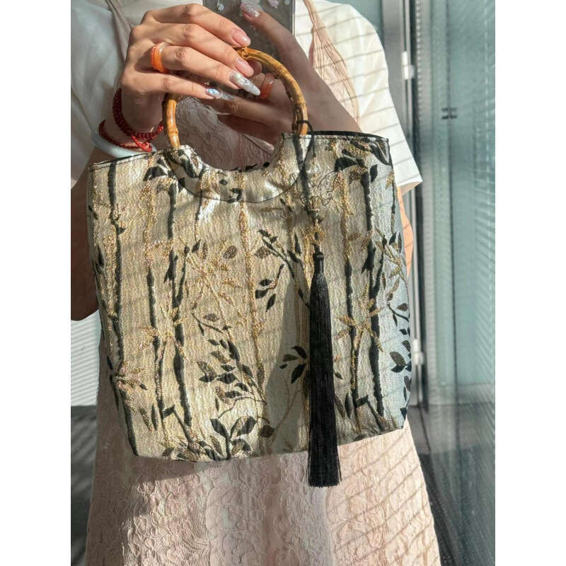 New Chinese Style Ink Painting Versatile Handbag Casual Niche Summer Bamboo Handle Bag for Women