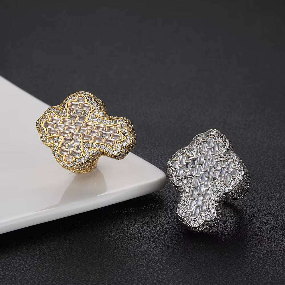 Hip Hop Jewelry Baguette Dia Cross Rings Iced Out Moissanite Sterling Sier Ring for Men and Women
