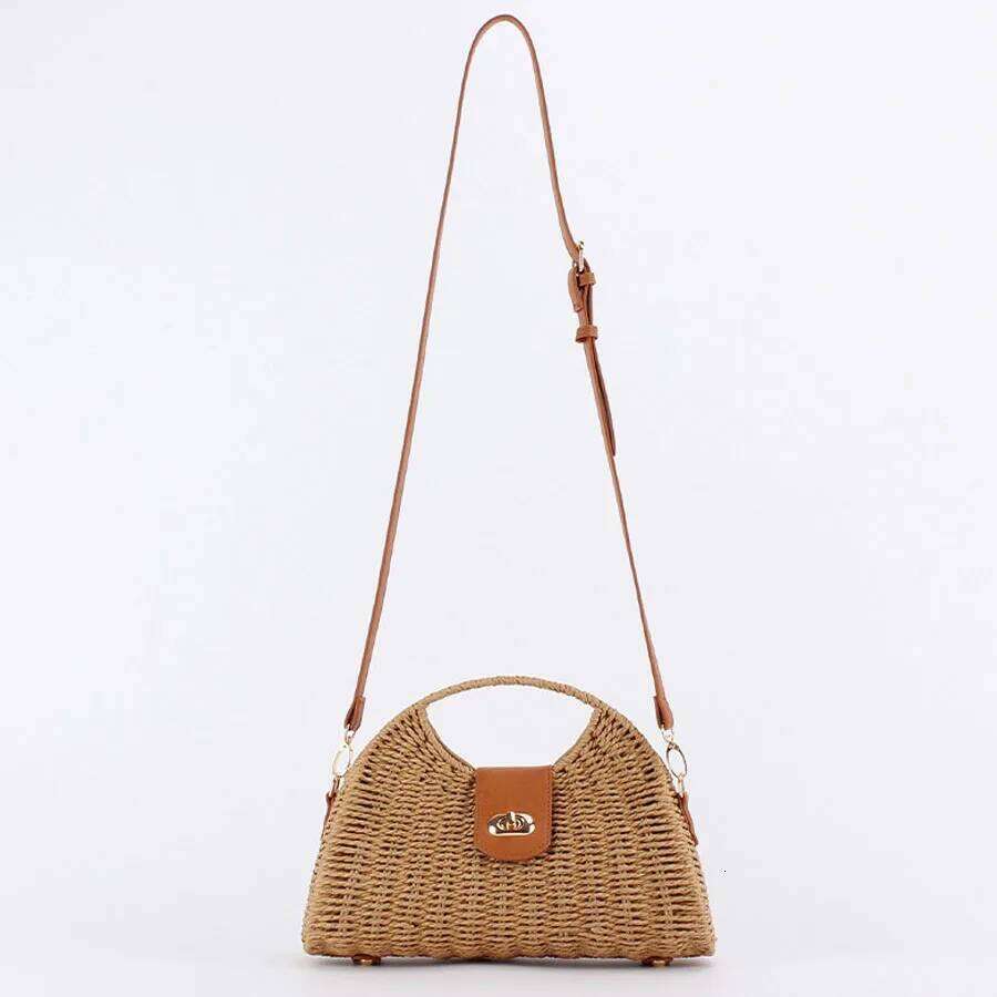 Luxurious designer 2025 model casual woven basket-style handbag. Handmade. Beach-use straw shoulder-to-back carry-on bag for summer.
