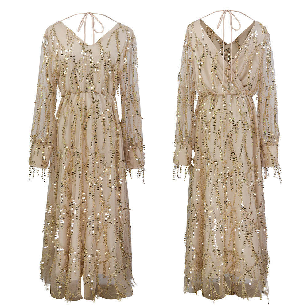 European and American Style Women's Spring Summer Sleeve Sequin Tassel Long Dress 2025 New Casual Fashion Trendy Clothing