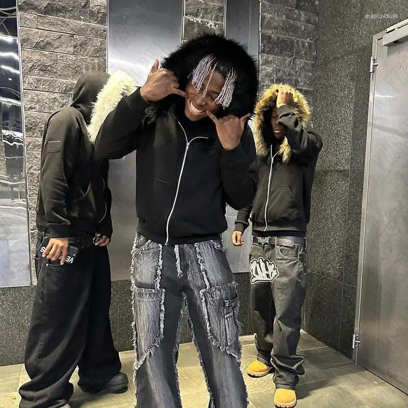 Men's Hoodies Dark Faux Fur Collar Harajuku Hiphop Zip Up Hoodie Oversized Punk Zipper Sweatshirt Retro Goth Streetwear Jacket