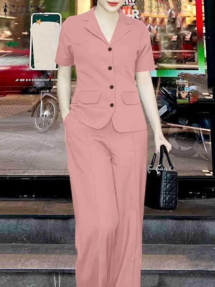 ZANZEA 2024 Elegant Women OL Work Pants Sets 2PCS Summer Fashion Short Slve Shirt Wide Leg Trousers Suits Solid Tracksuit X250704