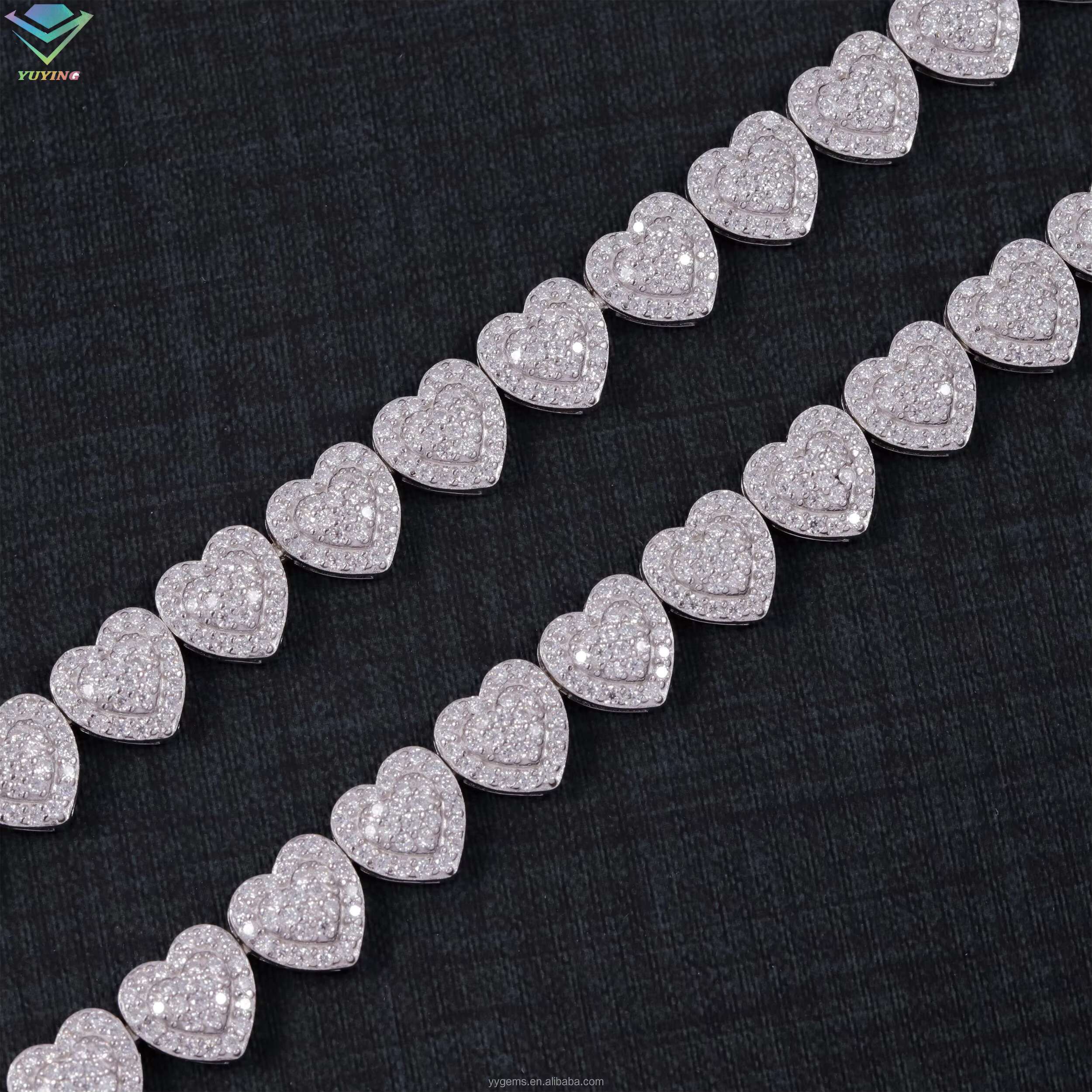 Popular Heart Style VVS Moissanite Iced Out Chain Wide 925 Sterling Silver Diamond Rapper Necklace Cuban Link Chain