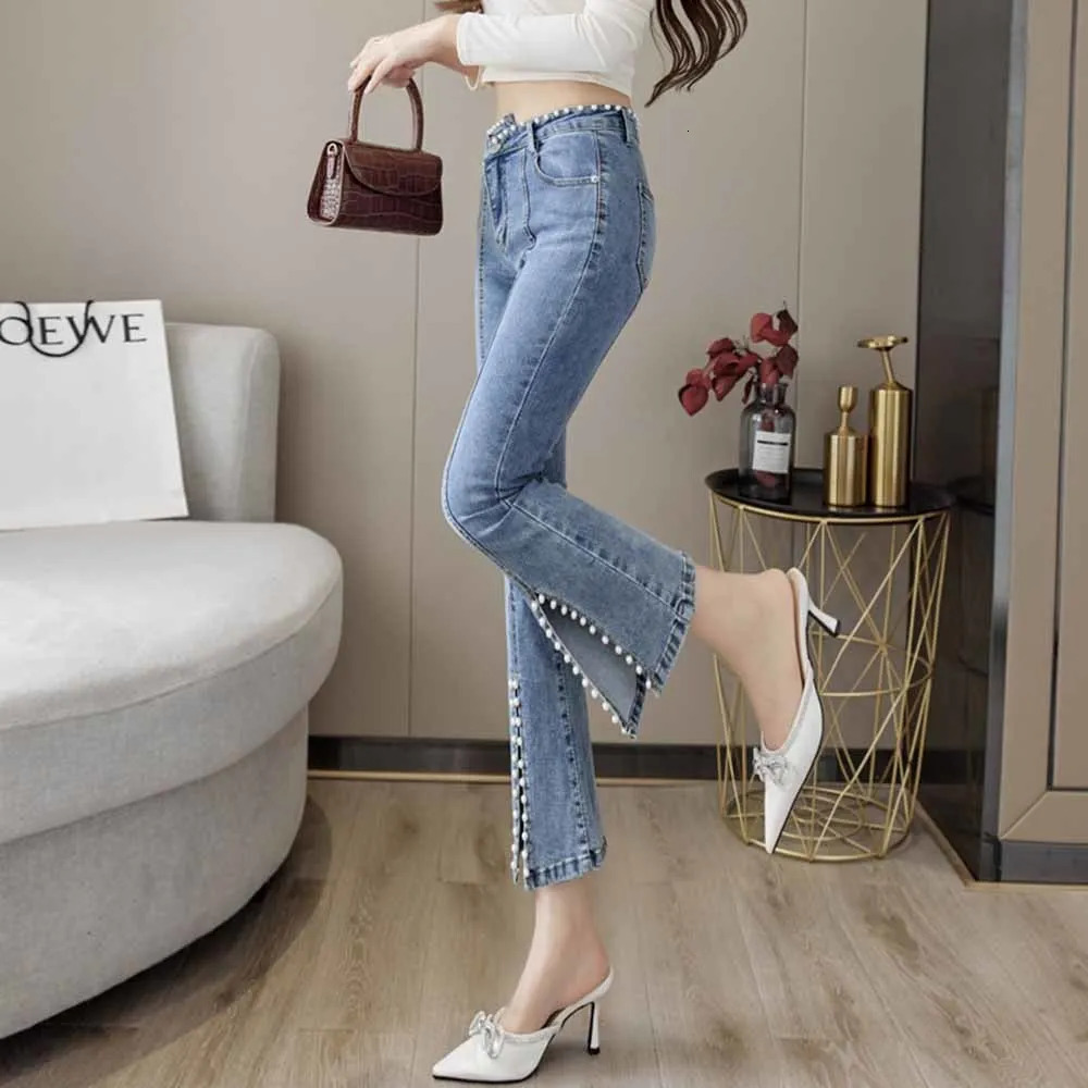 High Waist Denim Pants Women Spring Autumn Fashion Trumpet Trousers Female Slim Stretch Split Beaded Pearls Jeans Woman 250704