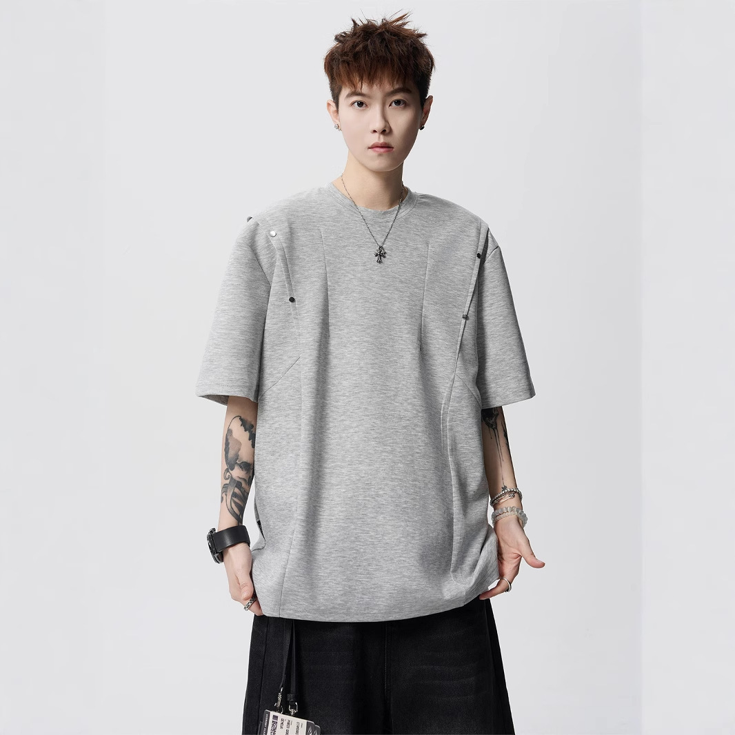 High Street Rivet Design Designer Short Sleeves T-shirt For Men Summer American Retro Deconstructed Short Sleeve Heavyweight Boxy Loose Five-quarter S