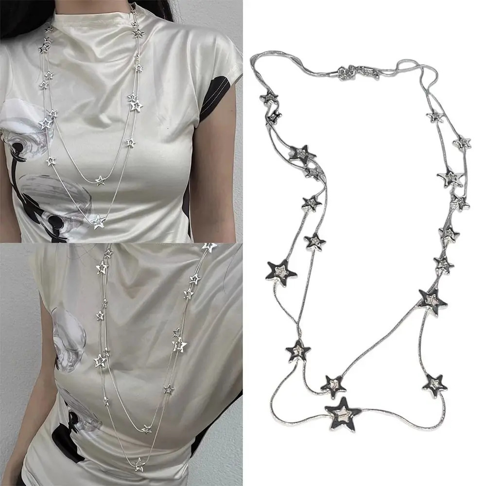 Alloy Pentagram Star Pendant Silver Color Punk Long Chain Necklace Double Layer Y2K Style Choker 250701