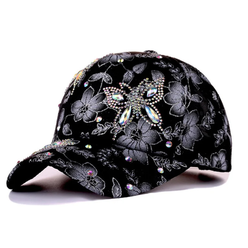 Women Baseball Cap Flower Butterfly Rhinestone Lace Breathable Sunshade Curved Brim Fashion Cap Street Dance Party Casual 250701