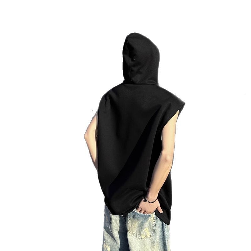 Double Zipper Designer Short Sleeves High-end Design V-neck Solid Color Hooded Men's Slogan Vest Summer Unisex Youthful Trendy Jacket