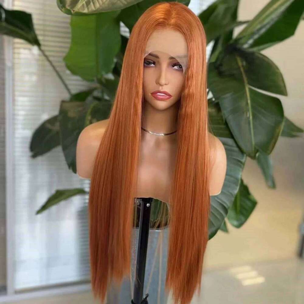 Ginger Long Straight Synthetic Front Glueless Wigs for Women Cosplay Party Dark Orange Hair Lace Frontal Wig Auburn