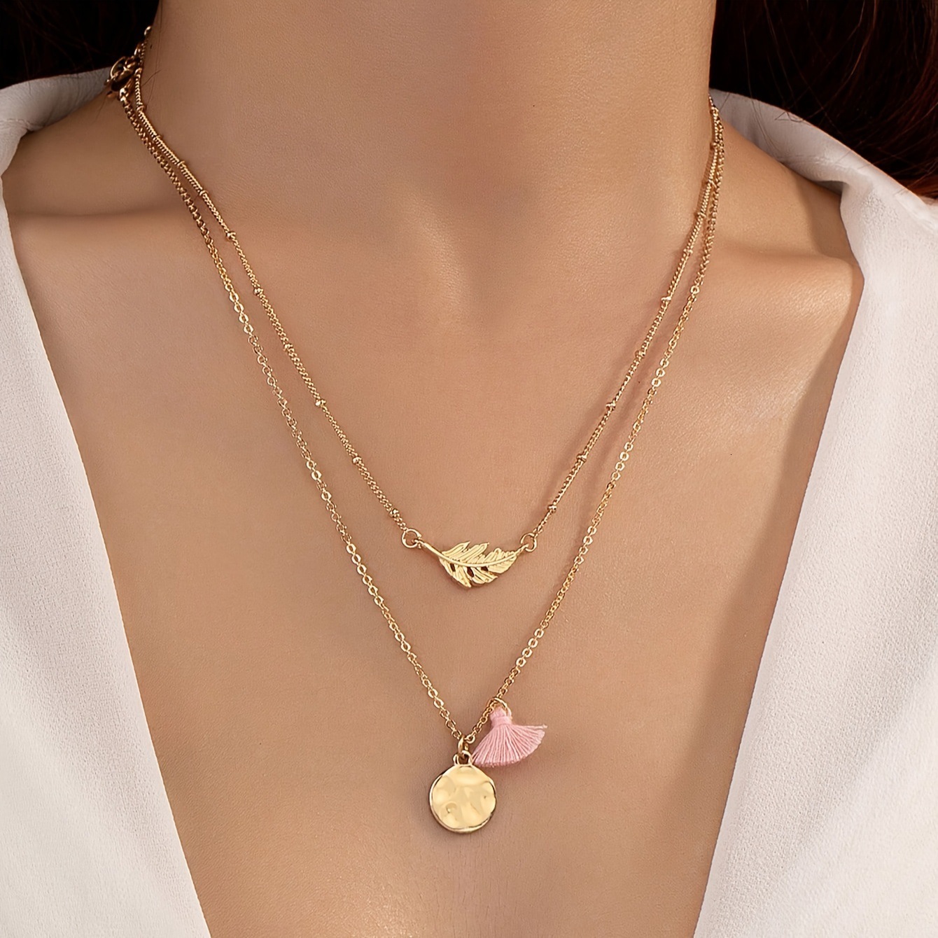 1 Set Of 2 Gold Yellow Metal Chains With Water Drop Pattern, Hollow Leaf Pink Tassel Pendant Necklace, Sweet Style