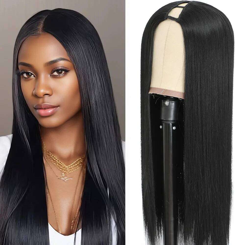 Syntehtic U Long Straight Part for Women V Shape Black Half Wigs Glueluss No Leave Out Wig