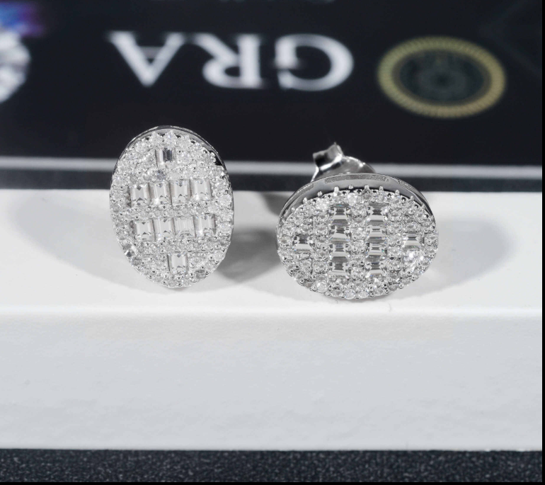 Pass Diamond Tester GRA Certified VVS Diamond 925 Sterling Silver Oval Baguette Moissanite Stud Earrings Men Earring