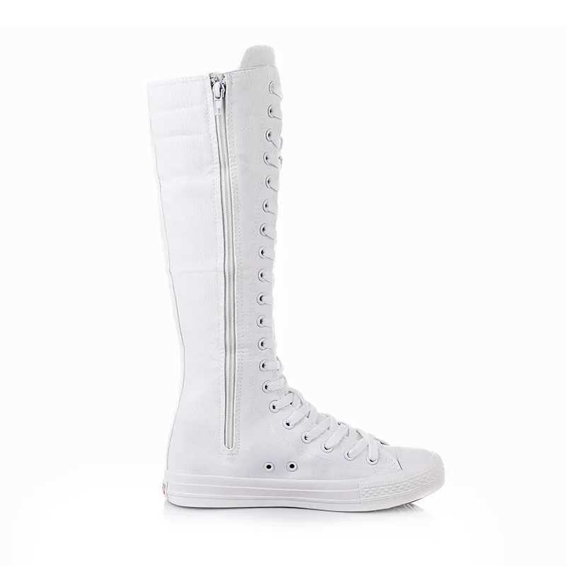 2024 New FAshion 3Colors Womens Canvas Boots Lace Zipper Knee High Boots Flat Shoes Casual High Help Punk Shoes Z250704