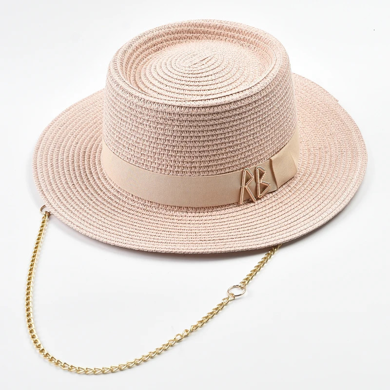 Fashionable Metal RB Letter Straw Hats for Women Elegant Ladies Party Dress Hats Summer Travel Beach Sun Hat Chapeau Femme 250703