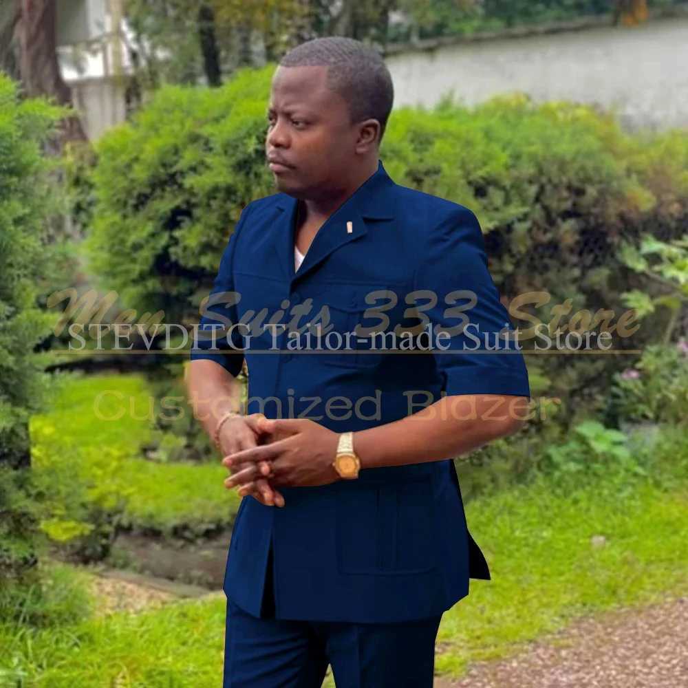 Safari Men Suits with Short Sleeve 2 Pieces Single Breasted Stand Notch Lapel African Fashion Style Set Jacket Pants X250704