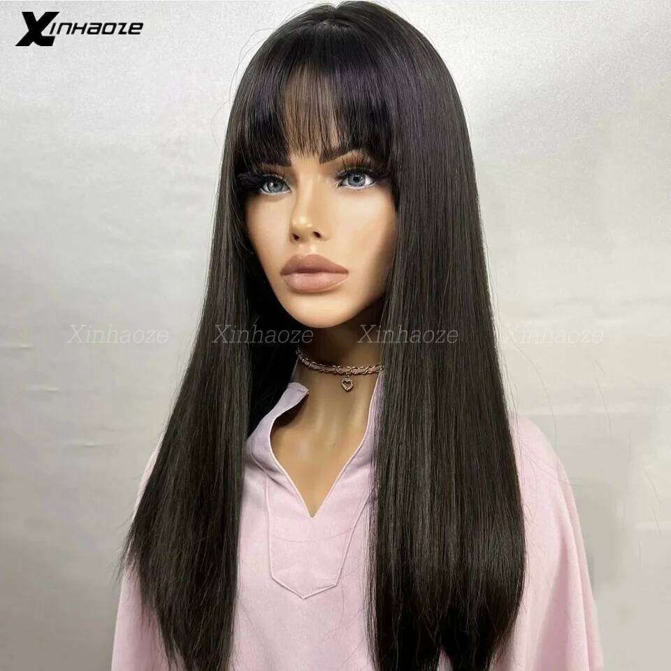 Glueless Base Full Wig Bangs Brazilian Silky Straight 360 Lace Human Hair Fringe Wigs with Silk Top
