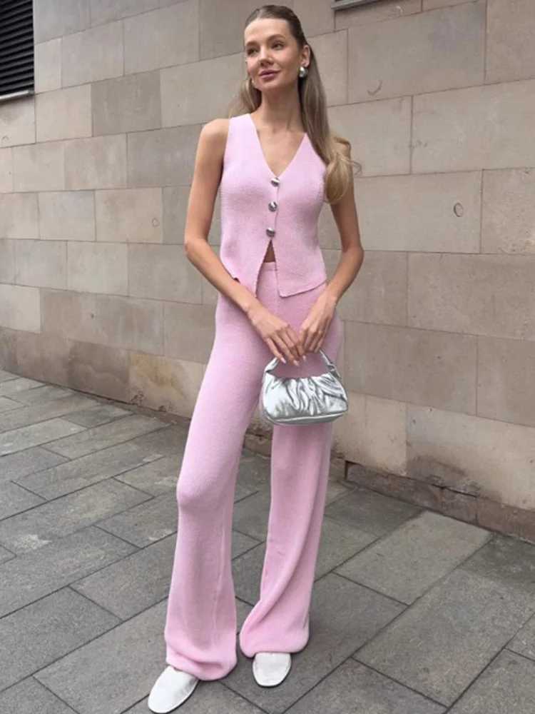 Trendix Knit Pant Sets Women V Neck Slveless Tank Tops Vacation Casual 2PCS Solid High Waist Elegant Pant Knitwear Vest Sets X250704