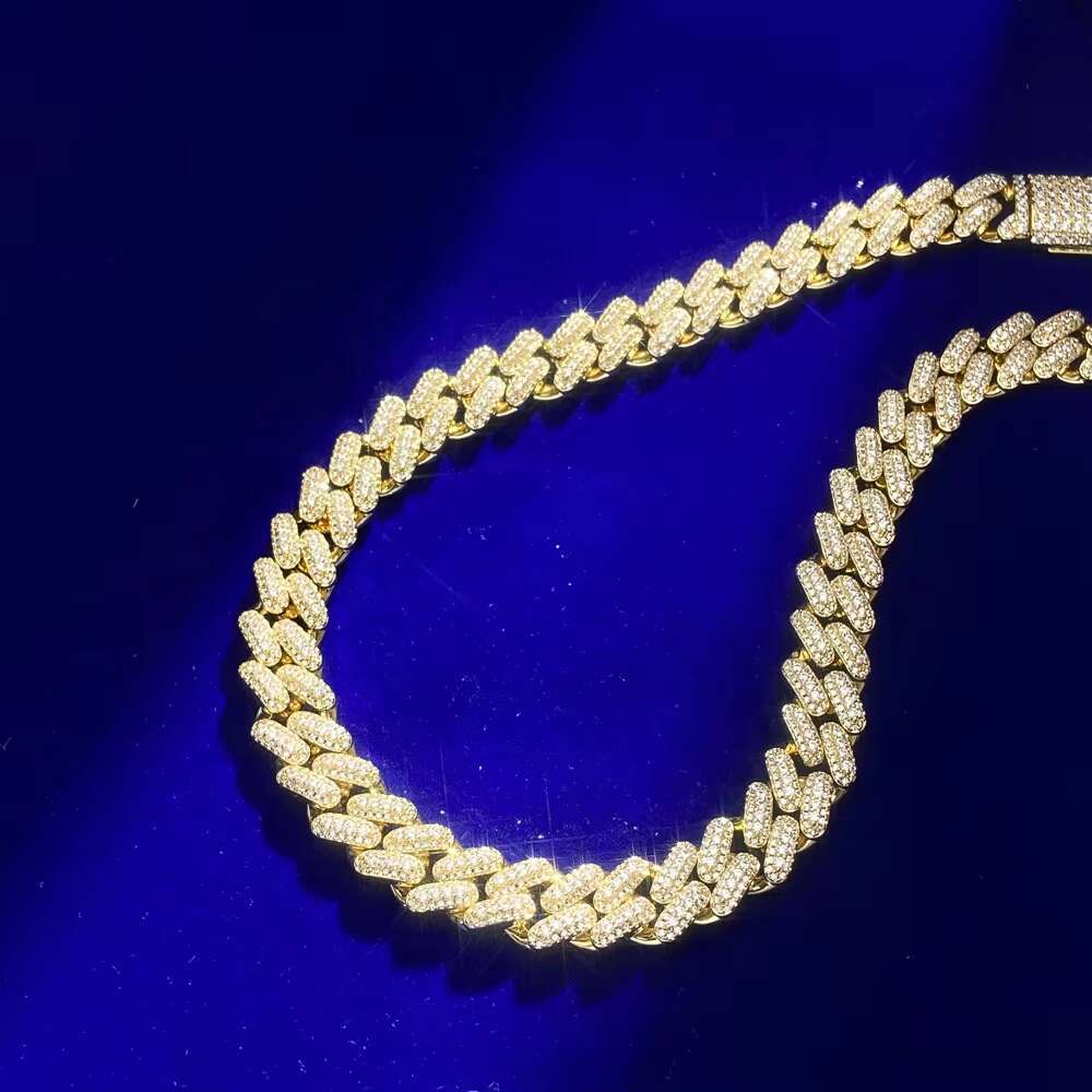 Hip Hop Classic jewelry 10K Yellow Gold Plated 12mm Cubic Zircon Diamond 925 Sterling Silver Miami Cuban Link Chain Necklace