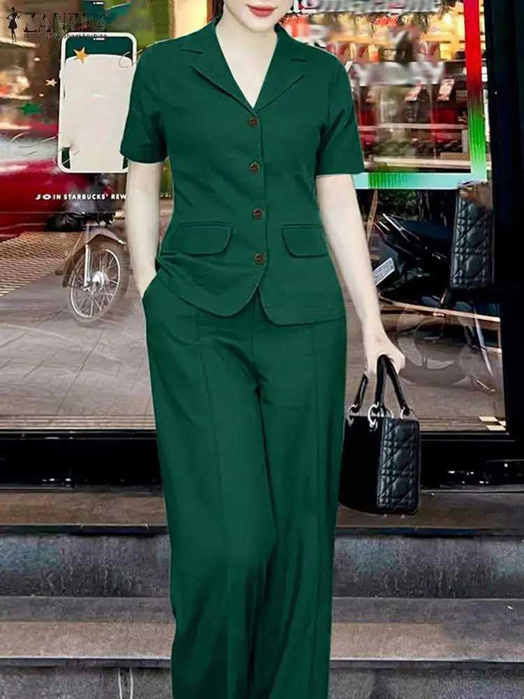 ZANZEA 2024 Elegant Women OL Work Pants Sets 2PCS Summer Fashion Short Slve Shirt Wide Leg Trousers Suits Solid Tracksuit X250704
