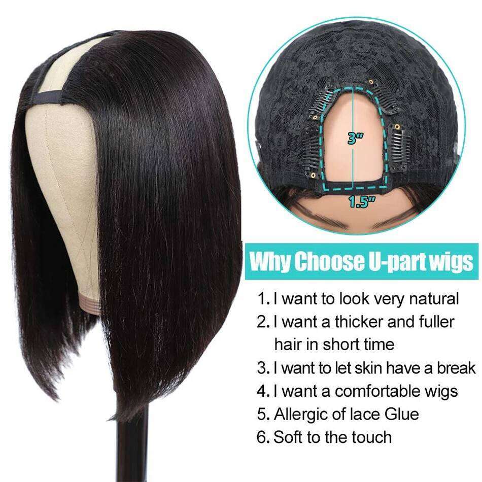 Straight Part Short Bob Wigs For Women U Shape Brazilian Remy Human Hair 180% No Leave Out hine Made Wig