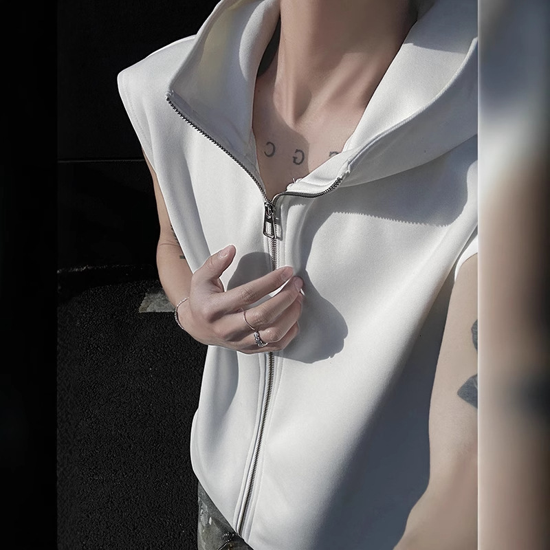 Double Zipper Designer Short Sleeves High-end Design V-neck Solid Color Hooded Men's Slogan Vest Summer Unisex Youthful Trendy Jacket