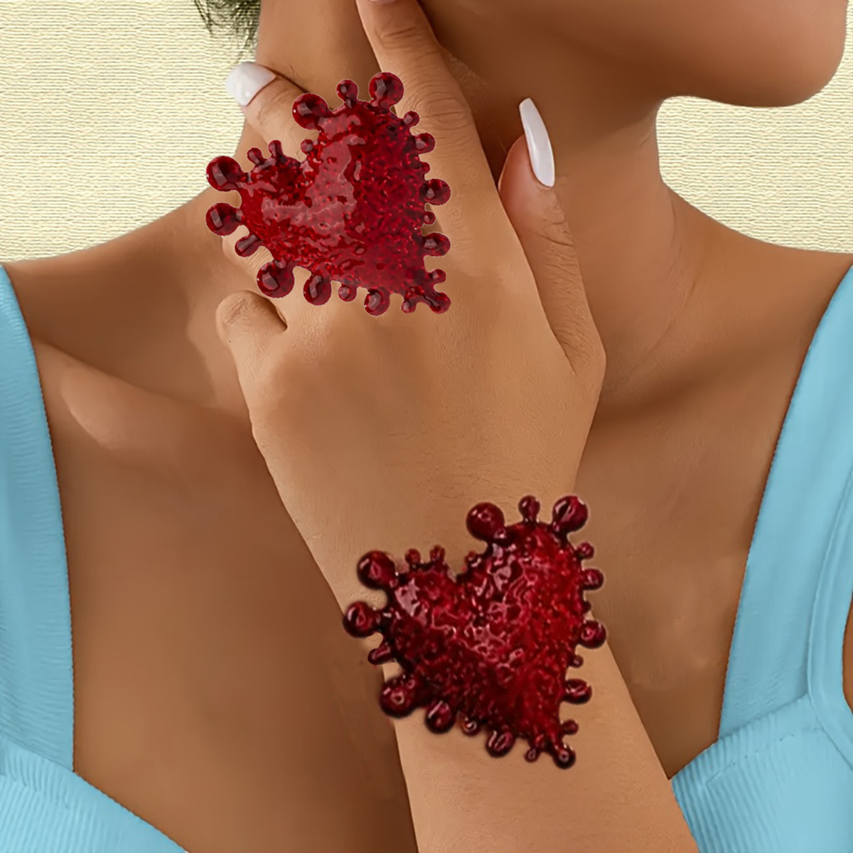 Niche Design Red Heart Earrings Ring Bracelet Light Exquisite Jewelry Set