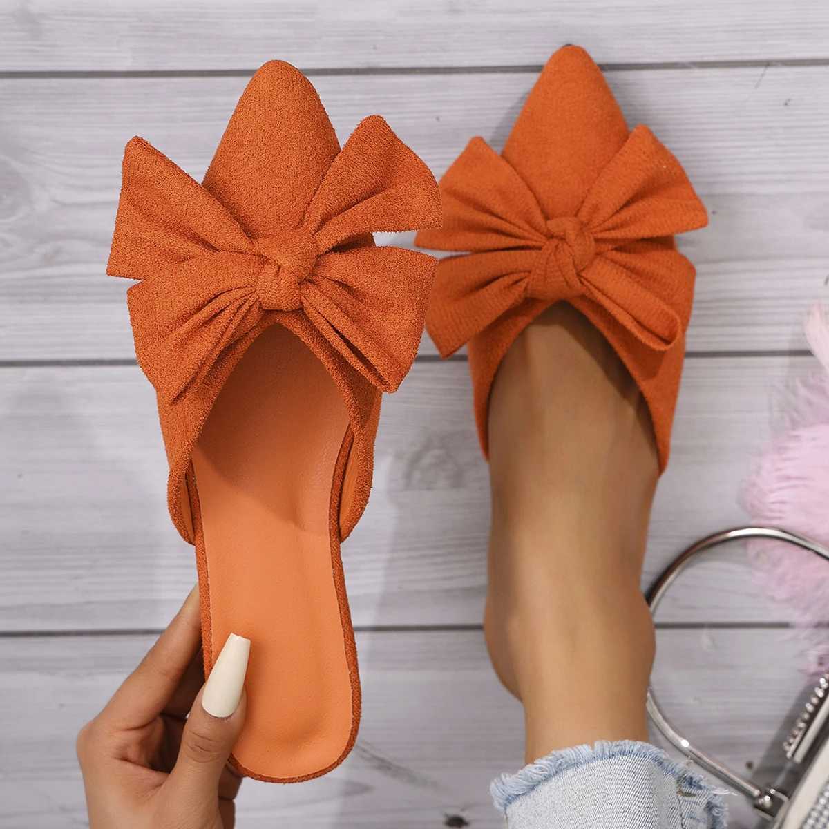 Women Bow Flats Slippers Summer Square Toe Closed Toe Sandals Non Slip Beach Shoes Big Size Pointed Toe Slippers Women Slides Women W250704