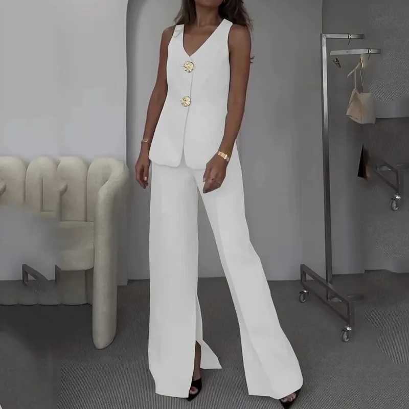 Elegant Office Lady 2 Piece Set Summer Simple V Neck Slveless Single Breasted Button Vest Top Loose Wide Legs Pants Suit X250704