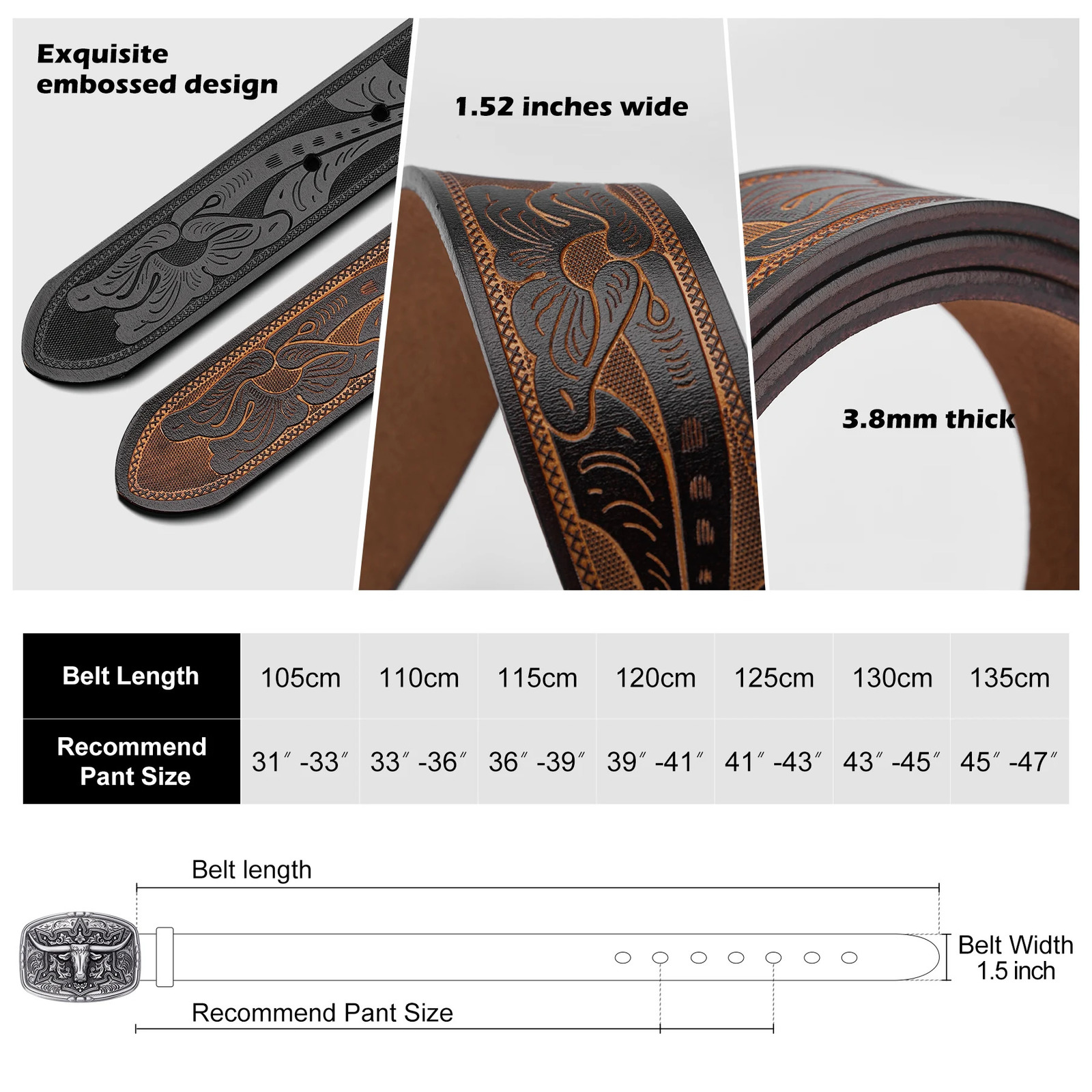 BISON DENIM Mens Belt Western Embossed Genuine Leather Men Cowboy Belts With Longhorn Bull Buckle Pattern Floral Belt For Men 250701