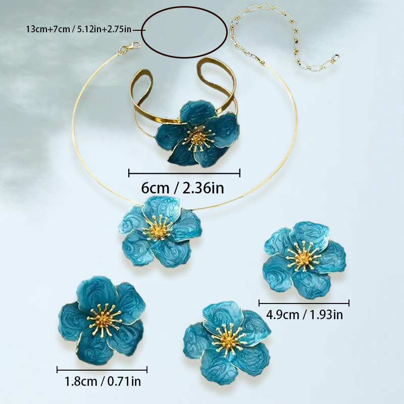 INS Style Metal 3D Elegant Five-Leaf Flower Jewelry Set 5 Pieces