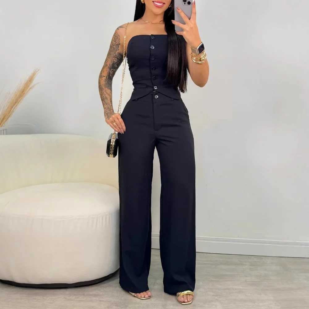 Women Fashion Sexy Summer 2 Pieces Outfit Bandeau Button Decor Vest Top Casual Wide Leg Pants Set X250704
