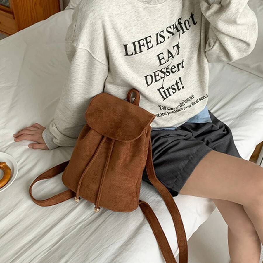 Korean vintage suede flap drawstring backpack ins new casual fashion student small bagpack soild female travel bags rucksack sac high-quality