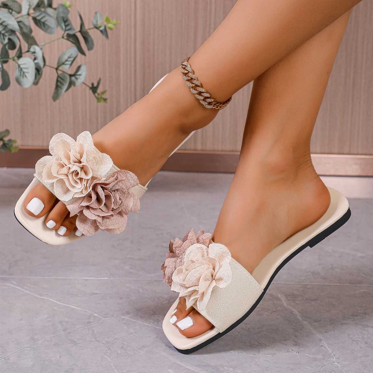 2025 Summer Ladies Shoes Open Toe Womens Slippers Fashion Flower Dress Slippers Women Square Heel Shoes for Women W250704