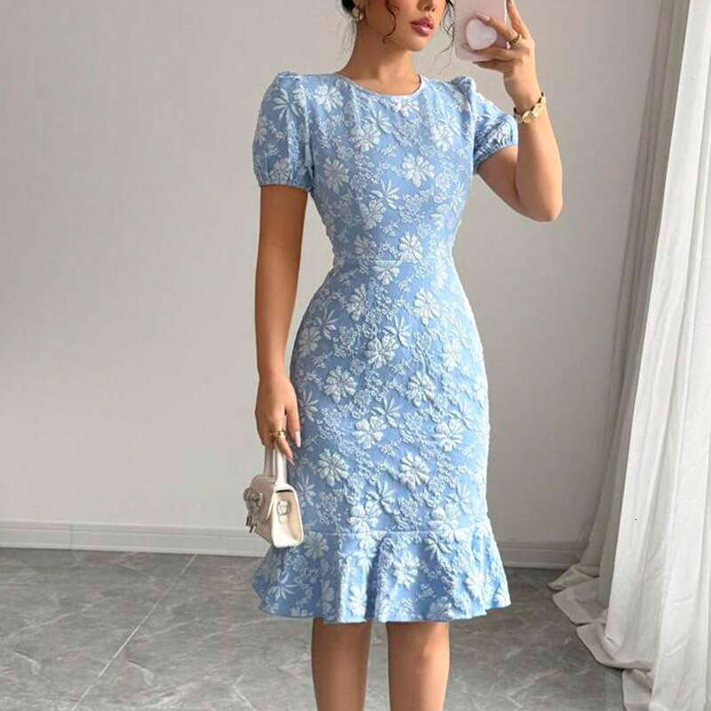 Summer Daisy Emed European and American Slim Fit Mermaid Dress Short Sleeve 2025 New Casual Fashion Trendy Clothing