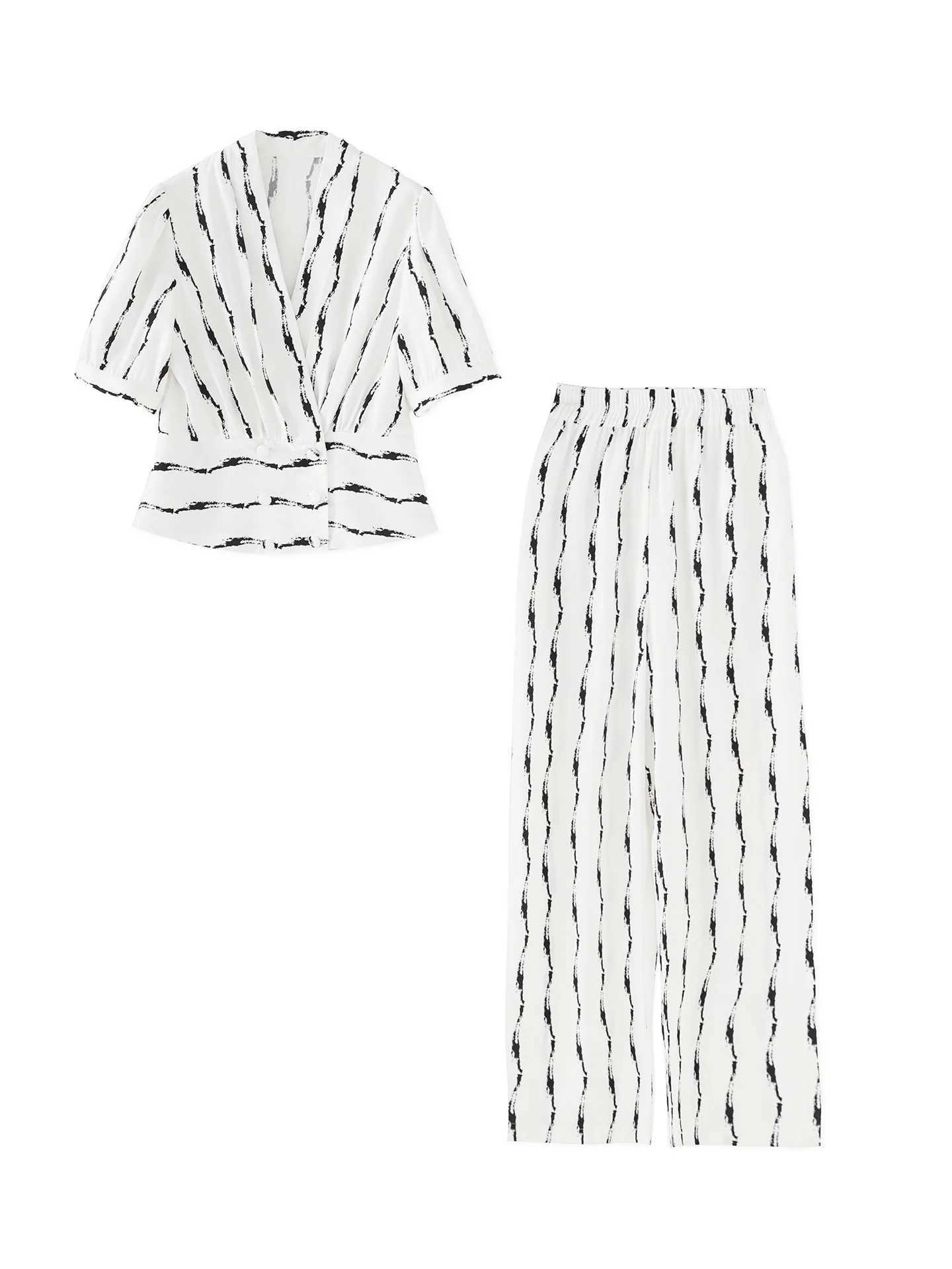 ZJYT Elegant Lady Summer Striped Print Top And Pant Sets 2 Piece Womens Outfit White Trousers Suit Conjuntos Femininos 2025 New X250704