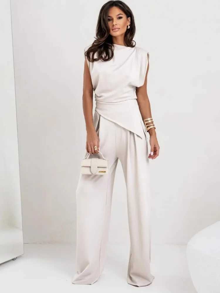 Summer Fashion Solid Two Piece Sets Women Elegant Slim Office Suit Casual Irregular Top And Wide Leg Pants 2 Piece Set Female X250704