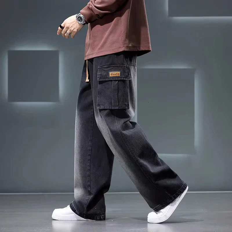 8XL Jeans Wide Leg Washing Pants Men Trousers Neutral Solid Color Loose Casual Korean Fashion Pocket Plus Size Cargo Pants 250704